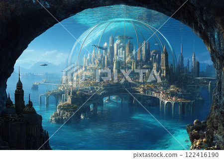 Underwater city with stunning architecture and marine life in a serene ocean setting 122416190