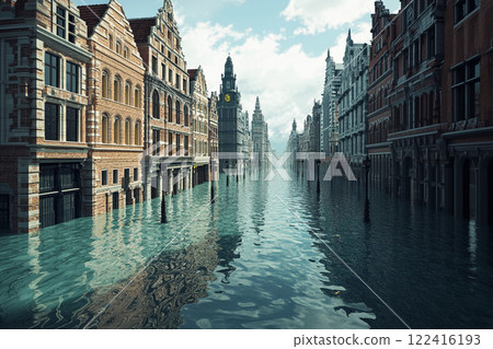 Flooded urban landscape depicts streets submerged in water with historic buildings in view near the city center during daylight Flooded urban landscape depicts streets submerged in water with historic buildings in view near the city center during daylight 122416193