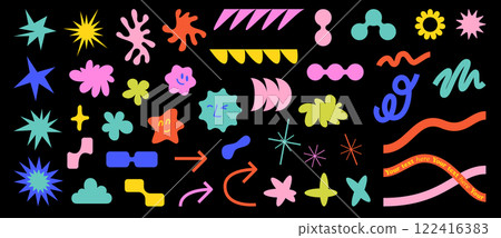 Set of creative design elements, bright colorful abstract retro shapes, stars, arrows, wavy lines, flowers, smiley faces etc. Bold decoration for modern graphic projects, posters, covers, banners. 122416383