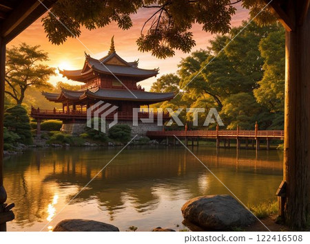 A temple at dusk seen from the shade of a tree 122416508