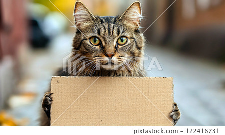 cat with poster outdoors holding banner in paws homeless curious ask for help ad 122416731