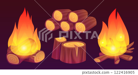 Firewood piles and fire set 122416905