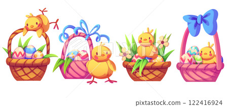 Easter basket collection with yellow chicks 122416924