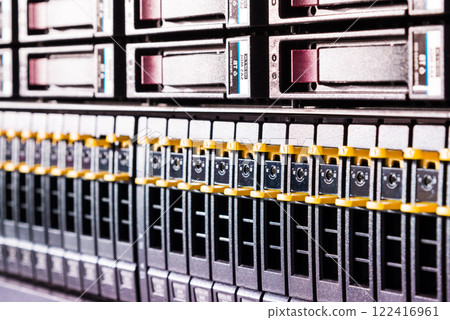 Array of data storage hard drives in internet data center 122416961