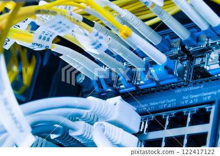 Server with patch and fiber optic cables plugged in ethernet por Server with patch and fiber optic cables plugged in ethernet por 122417122