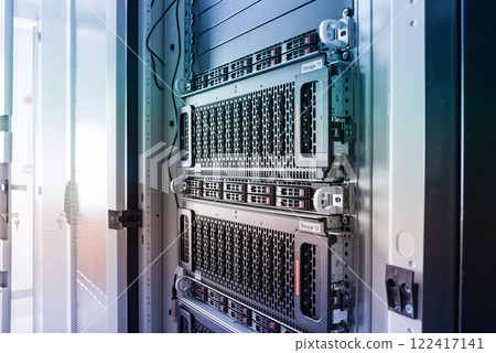 Array of data storage hard drives in internet data center 122417141