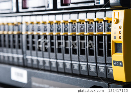 Array of data storage hard drives in internet data center 122417153