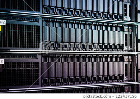 cluster of data storage SSD hard drives inside server rack 122417156