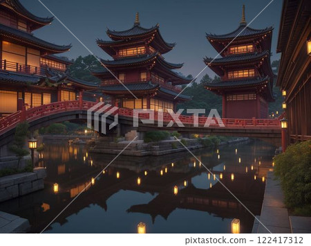 燈籠照亮的日式橋夜景 122417312