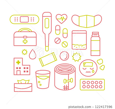 Injury, fever and health care icon set 122417396