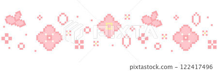 Sakura pixel seamless border, cherry flowers, petal blossom. 8 bit retro game decoration. Chinese plum spring ornament. 122417496