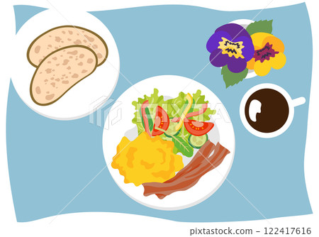 炒蛋和培根的時尚西式早餐 炒蛋和培根的時尚西式早餐 122417616