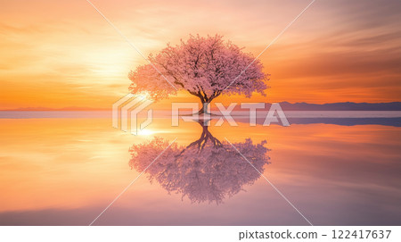 A tranquil scene of cherry blossoms and salt lake reflected in the morning glow 122417637