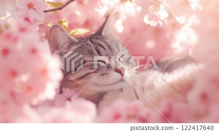 Spring scenery of a cat relaxing among cherry blossoms Spring scenery of a cat relaxing among cherry blossoms 122417640