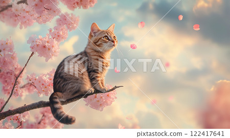 Spring scenery with a cat standing on a cherry blossom branch Spring scenery with a cat standing on a cherry blossom branch 122417641