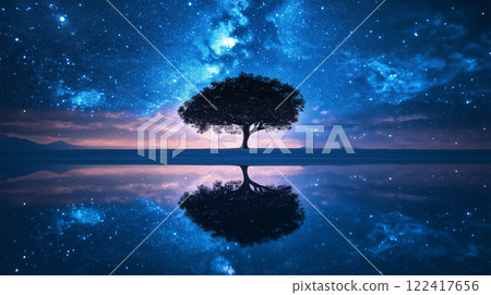 Cherry blossom silhouettes on the starry sky and Uyuni Salt Flats Cherry blossom silhouettes on the starry sky and Uyuni Salt Flats 122417656