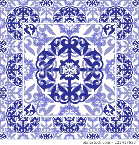 Moroccan Seamless Pattern Arabesque in blue and white. Moroccan azulejo pattern, majolica tile,Talavera, Damask, marrakech. Portuguese, dutch azulejo tile pattern, Mediterranean ceramic, patchwork 122417658