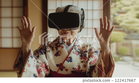 VR experience of an elderly Japanese woman wearing a kimono 122417667