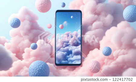 3D sci-fi with dreamy clouds and pastel spheres. 122417702