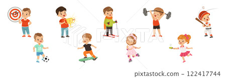 Happy Children Playing Sport and Doing Physical Activity Vector Set 122417744