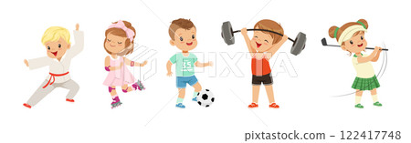 Happy Children Playing Sport and Doing Physical Activity Vector Set Happy Children Playing Sport and Doing Physical Activity Vector Set 122417748