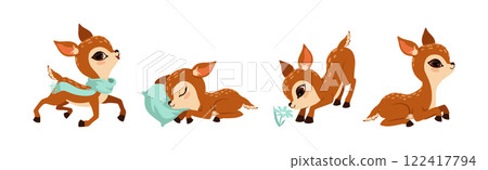 Cute Fawn or Baby Deer with Slender Legs and Pretty Snout Vector Set 122417794