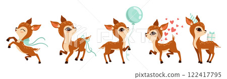 Cute Fawn or Baby Deer with Slender Legs and Pretty Snout Vector Set 122417795
