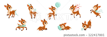 Cute Fawn or Baby Deer with Slender Legs and Pretty Snout Vector Set 122417801