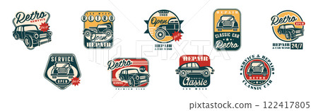 Classic Retro Car Repair and Garage Badge Vector Set 122417805