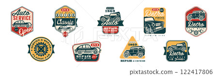 Classic Retro Car Repair and Garage Badge Vector Set 122417806