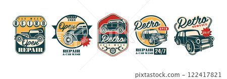 Classic Retro Car Repair and Garage Badge Vector Set Classic Retro Car Repair and Garage Badge Vector Set 122417821