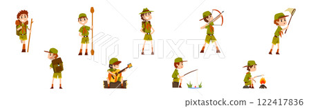 Funny Boy Scout in Khaki Uniform Explore Nature Vector Set Funny Boy Scout in Khaki Uniform Explore Nature Vector Set 122417836