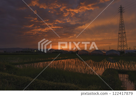 Sunset over rice fields and beautiful sky and clouds 122417879