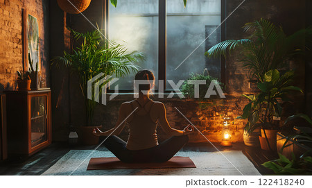 健康生活。在自然光的房間裡做瑜珈或冥想的女性 122418240