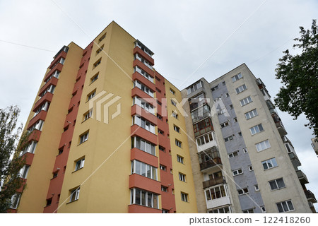 Perspective view of flat of blocks from Communist period, worn out concrete buildings in Eastern Europe 122418260