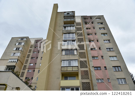 Perspective view of flat of blocks from Communist period, worn out concrete buildings in Eastern Europe Perspective view of flat of blocks from Communist period, worn out concrete buildings in Eastern Europe 122418261