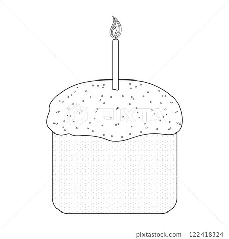 Traditional National Religious Easter cake - kulich - with frosting, sprinkles, and a lit candle in a black and white for coloring page. Traditional National Religious Easter cake - kulich - with frosting, sprinkles, and a lit candle in a black and white for coloring page. 122418324