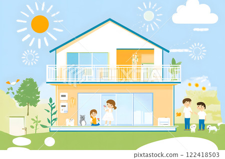 Bright illustration of housing and happy family life Bright illustration of housing and happy family life 122418503
