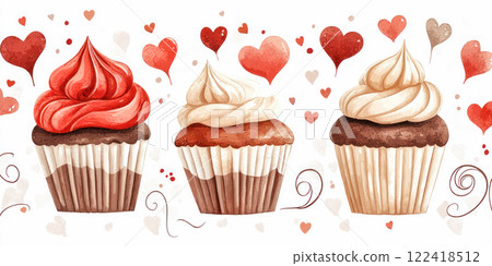 A delightful watercolor illustration featuring cupcakes with red and cream frosting, surrounded by scattered hearts and swirls. 122418512