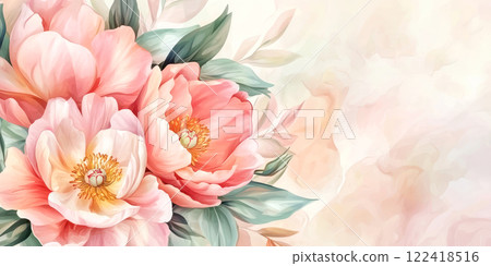 A delicate watercolor illustration of pink peonies and green leaves on a pastel background, perfect for various floral-themed designs. 122418516