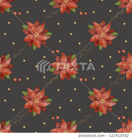 Watercolor pattern checkered poinsettia, branches, berries. Illustration of Christmas flower. New Year geometric seamless print on gray background for textiles, fabric, packaging, clothes Watercolor pattern checkered poinsettia, branches, berries. Illustration of Christmas flower. New Year geometric seamless print on gray background for textiles, fabric, packaging, clothes 122418582