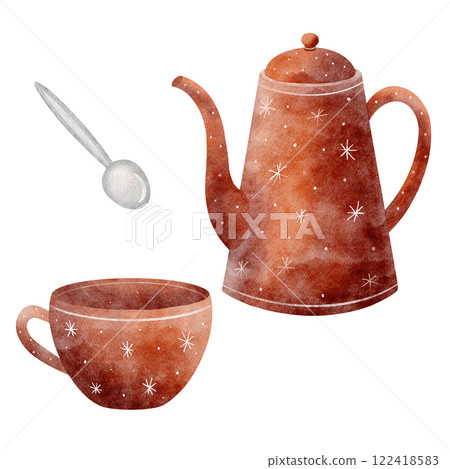 Watercolor illustration Christmas red teapot, coffee pot, cup, spoon. New Year set on white background for design cards, posters, tableware, clothes, holiday invitations Watercolor illustration Christmas red teapot, coffee pot, cup, spoon. New Year set on white background for design cards, posters, tableware, clothes, holiday invitations 122418583