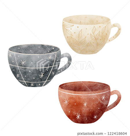 Watercolor illustration ceramic cups, mugs red, blue, beige. Hand drawn in Scandinavian style. Isolated on white background for design of Christmas cards, tableware, menu, labels, invitations 122418604