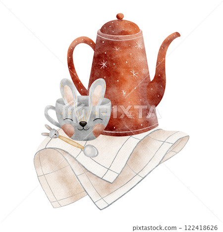 Watercolor composition red teapot, cup with rabbit face, spoon rest on blue striped napkin. Hand drawn illustration on white background for design of postcards, posters, tableware, menu, labels Watercolor composition red teapot, cup with rabbit face, spoon rest on blue striped napkin. Hand drawn illustration on white background for design of postcards, posters, tableware, menu, labels 122418626