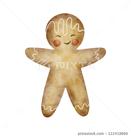 Watercolor Christmas gingerbread man. New Year cheerful illustration of gingerbread, cookies for design of cards, posters, tableware, clothes, holiday invitations Watercolor Christmas gingerbread man. New Year cheerful illustration of gingerbread, cookies for design of cards, posters, tableware, clothes, holiday invitations 122418660