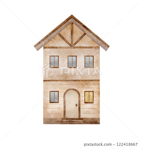 Watercolor illustration Scandinavian brown house gable. Hand drawn in cartoon style. Isolated home on white background for design of Christmas cards, invitations, posters, templates, interior stickers 122418667