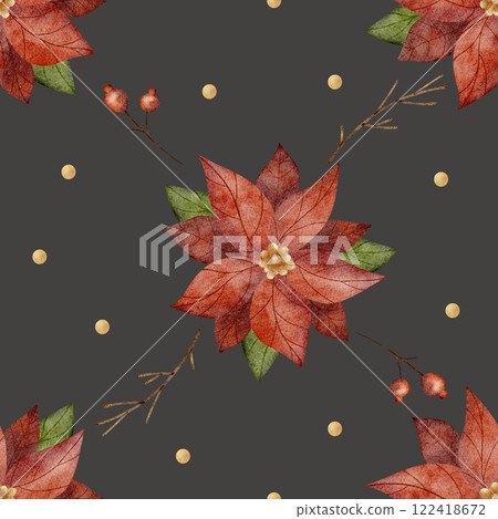 Watercolor pattern checkered poinsettia, branches, berries. Illustration of Christmas flower. New Year geometric seamless print on gray background for textiles, fabric, packaging, clothes 122418672