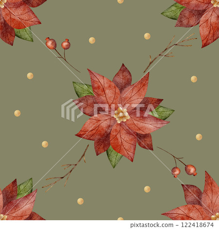 Watercolor floral pattern of poinsettia, branches, berries. Illustration of Christmas flower. New Year geometric seamless print on green background for textile, fabric, packaging, clothes 122418674