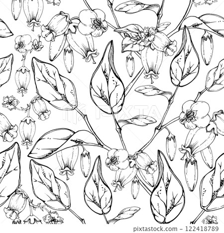Blueberry white line bell flower and bud with plant leaves on branches, hand drawn in ink vector, wildflower botanical illustration. Seamless isolated pattern for wedding, florist shop, scrapbooking 122418789
