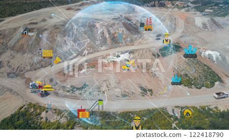 aerial view shot mining, dumpers, quarrying extractive industry stripping work. Big Mining Trucks. View from drone at opencast mining with lots of machinery trucks. High quality photo 122418790
